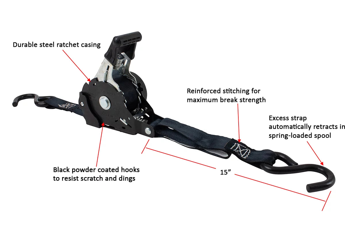 Auto Retract NO-RATCHETING Ratchet Straps | 1" x 12' Retractable Ratchet Straps with Coated S Hook Tiedowns for Motorcycles, ATVs, Bikes: Tight & Secure Pickup Trailer Tie-Down - 20 Pack