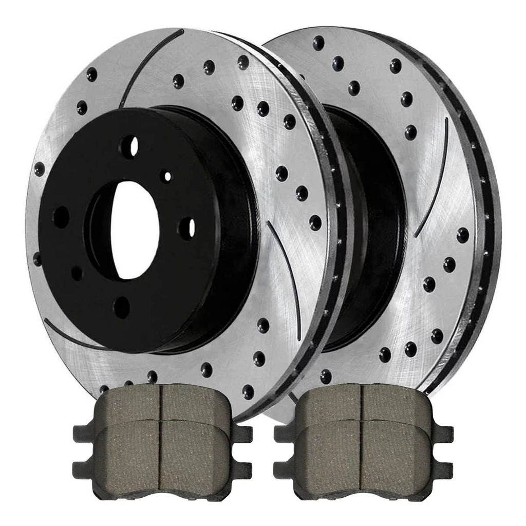 AutoShack Front Drilled Slotted Brake Rotors Black and Ceramic Pads Kit Driver and Passenger Side Replacement for 1998-2002 Toyota Corolla 1998 1999 2000 2001 2002 Chevrolet Prizm 1.8L FWD