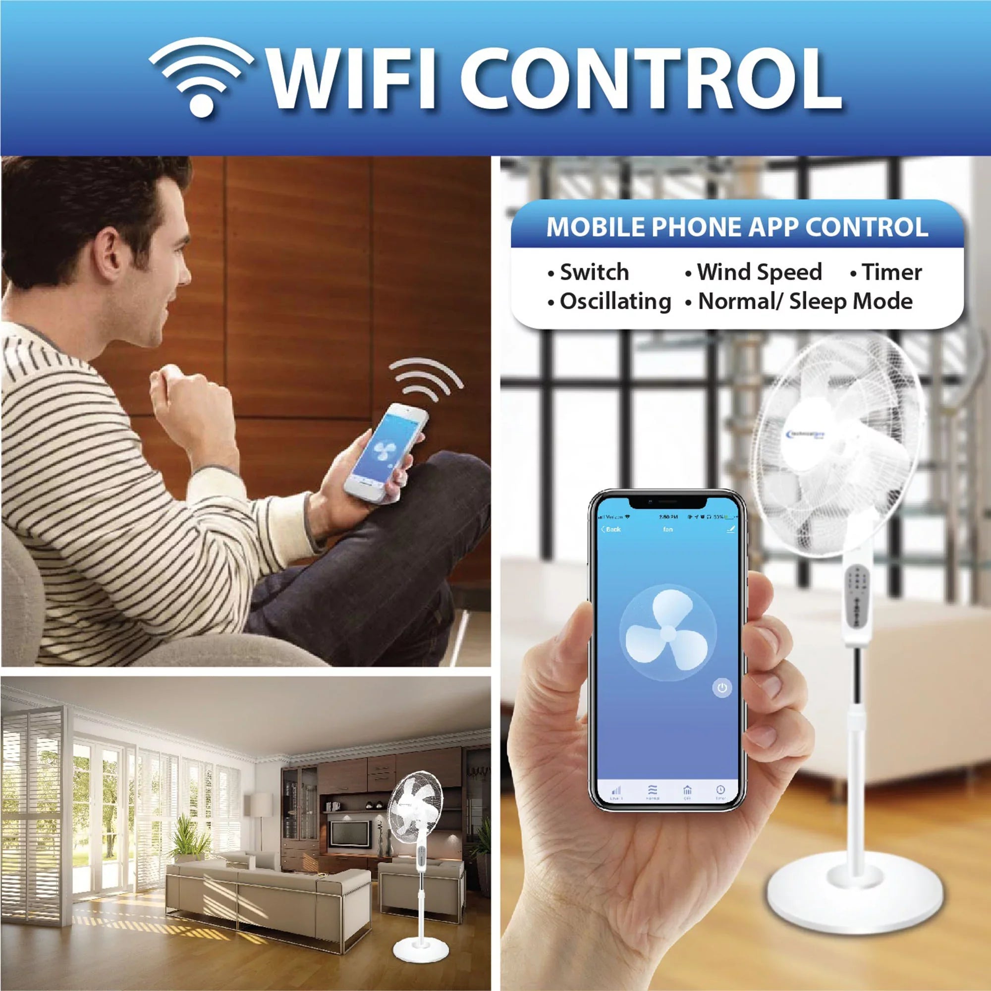 Technical Pro WIFI Enabled 16" Standing Fan with OscilLatitudeing Feature, Compatibe with Amazon Alexa/Google Home Voice