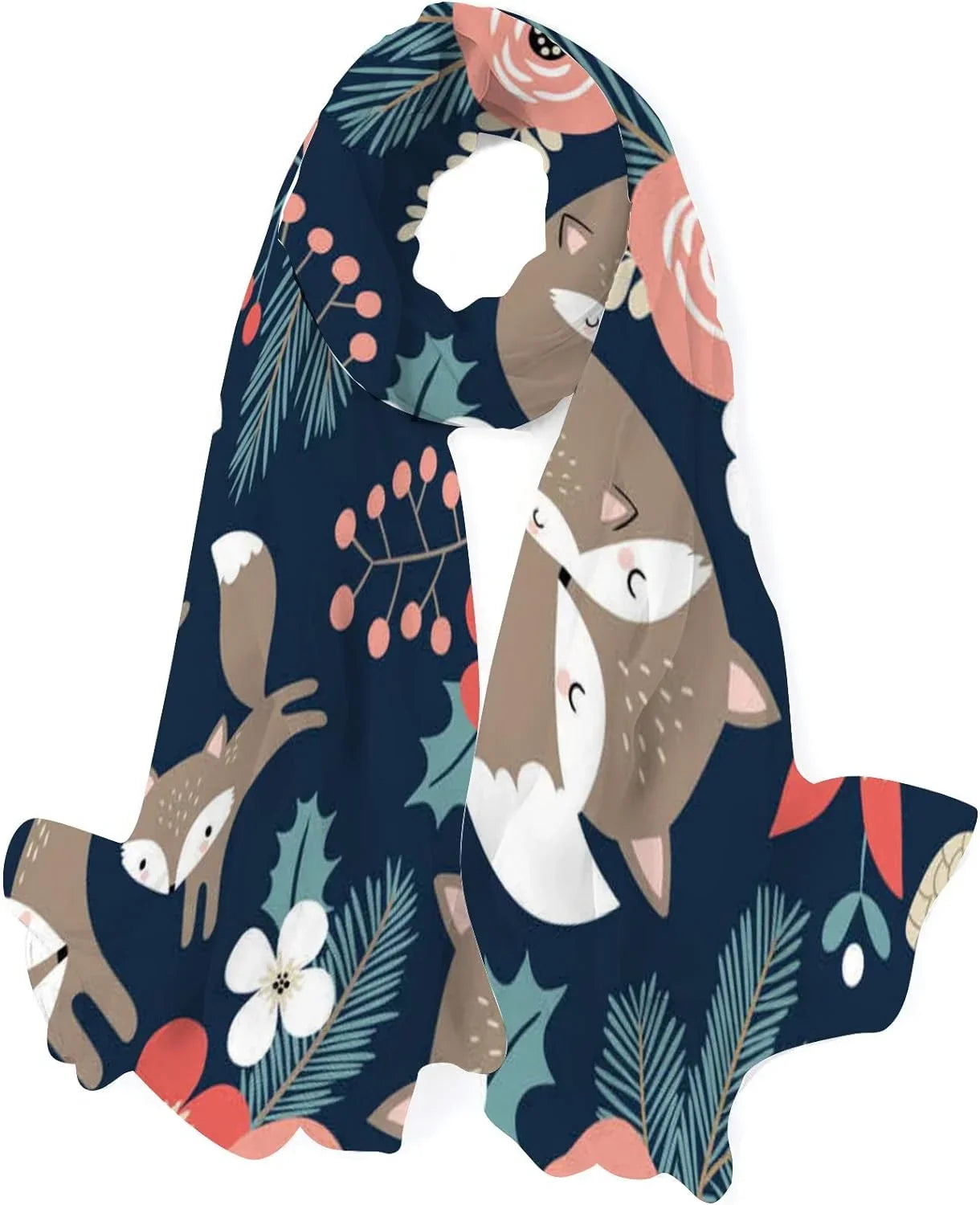 Hyjoy Cute Foxes and Flowers on Dark Blue Long Silk Neck Scarf Lightweight Shawl Wrap Scarves for Women Girls