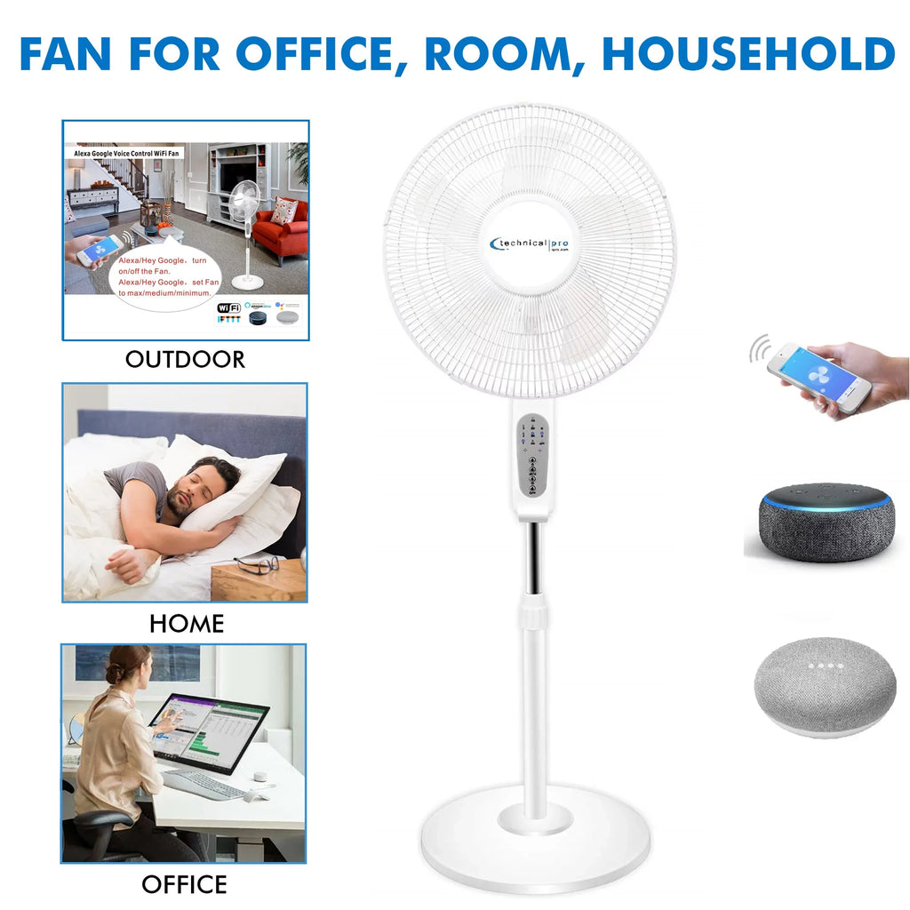 Technical Pro WIFI Enabled 16" Standing Fan with OscilLatitudeing Feature, Compatibe with Amazon Alexa/Google Home Voice