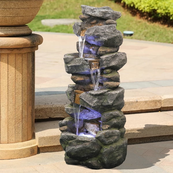 Fithood 40inches High Stacked SimuLatitudeed Rock Water Fountain with LED Lights