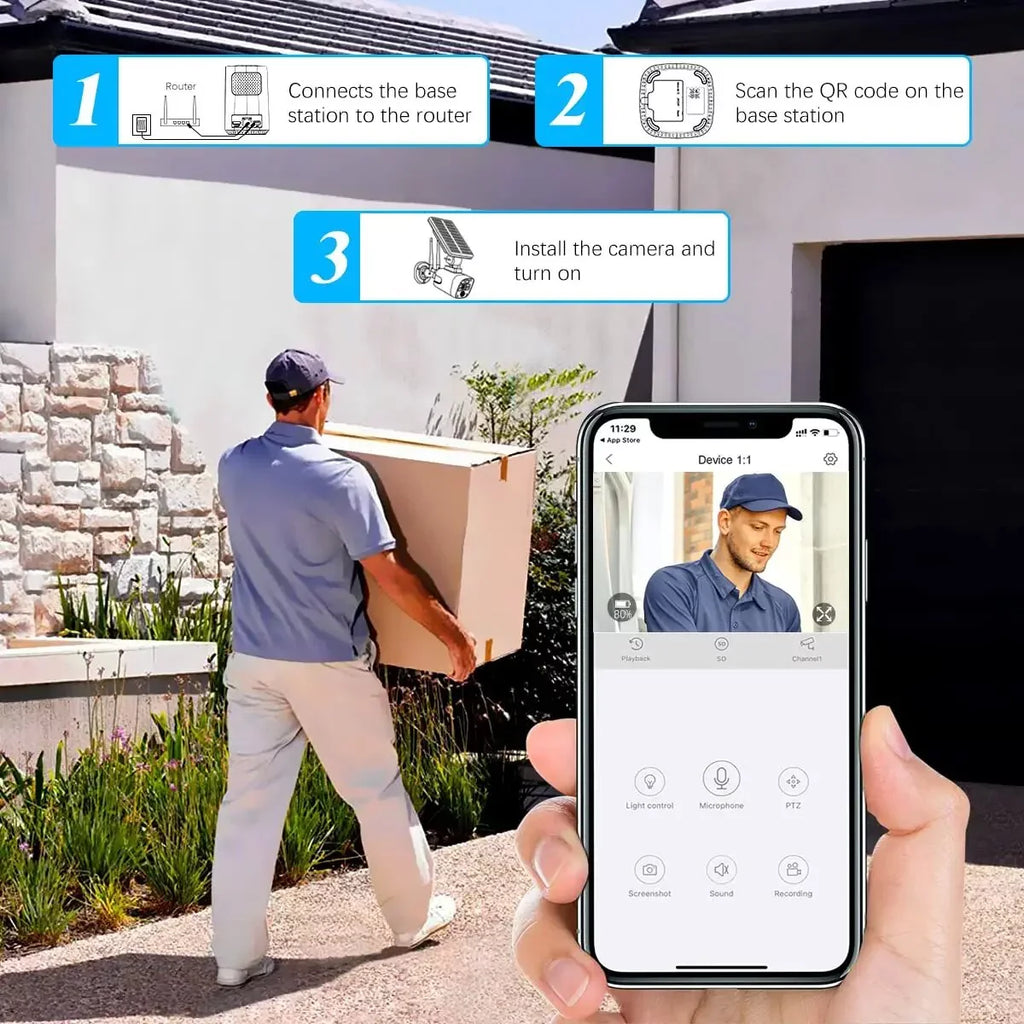 {100% Wire-Free Solar Powered} 2pcs camera system, 2-Way Audio with Dual Antennas, 2K 3.0MP Solar Powered Wireless Camera with Rechargeable Batteries