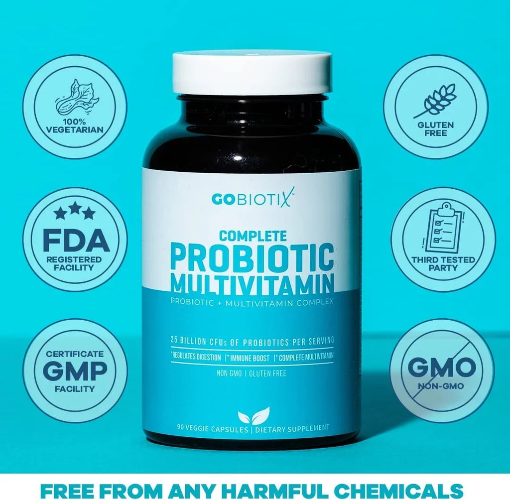 GoBiotix Probiotic Multivitamin | Daily Multivitamin with Probiotics | 25 Billion CFU | Immune Boost &amp; Digestive Health, Flora Probiotic for Women &amp; Men | Gluten Free ? 90 Veggie C