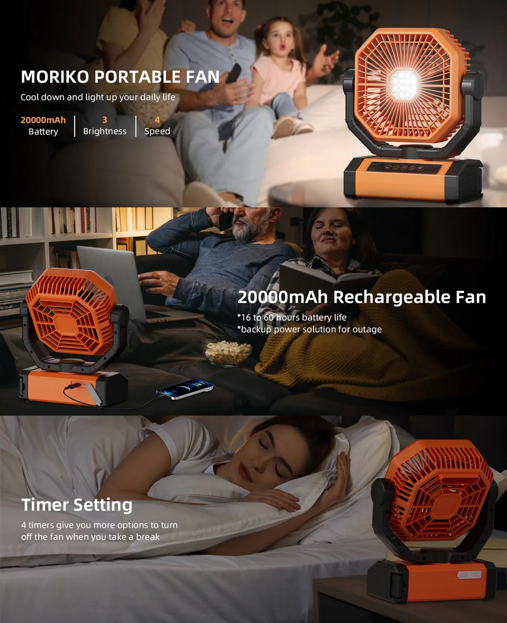 MORIKO Portable Cordless Fan 20000mAh Rechargeable Battery Powered VentiLatitudeor w/ LED Lantern, Remote, Hook, Timer, 270° Pivot 90° OscilLatitudeing 4 Speed Brushless Motor, Outdoor Jobsite Garage Patio Fan