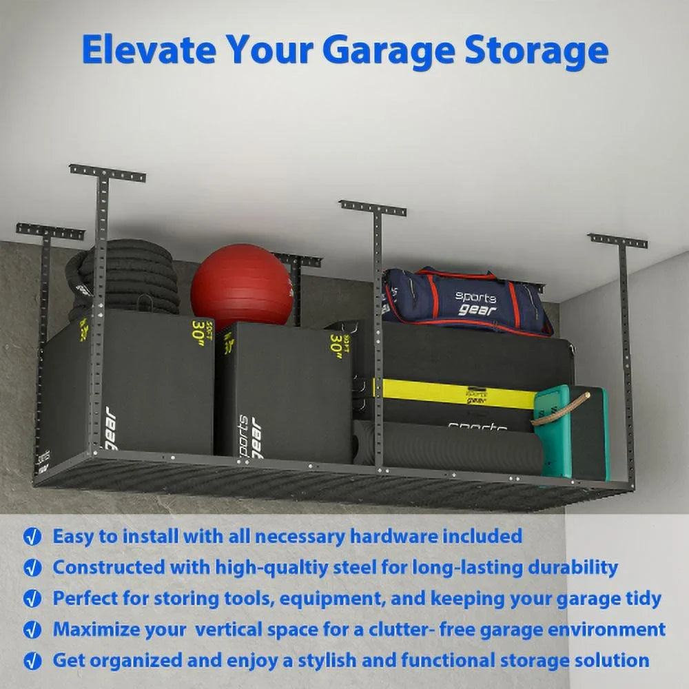 3x8ft Overhead Garage Storage Rack,Adjustable Garage Storage Organization Systerm,Heavy Duty Metal Garage Ceiling Storage Racks,660lbs Weight Capacity,Black