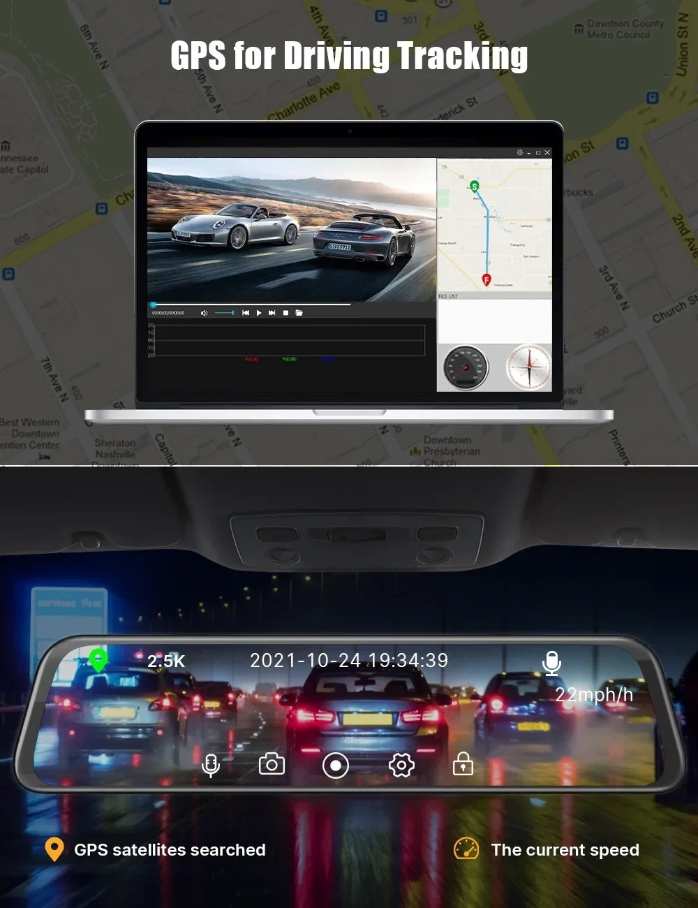 TOGUARD 2.5K Mirror Dash Cam with Voice Control GPS, 12" Wireless Rear View Mirror with Night Vision Waterproof Backup Camera, Front and Rear Dash Cam w/Anti-Glare, Touch Screen, Emergency Lock, Parki