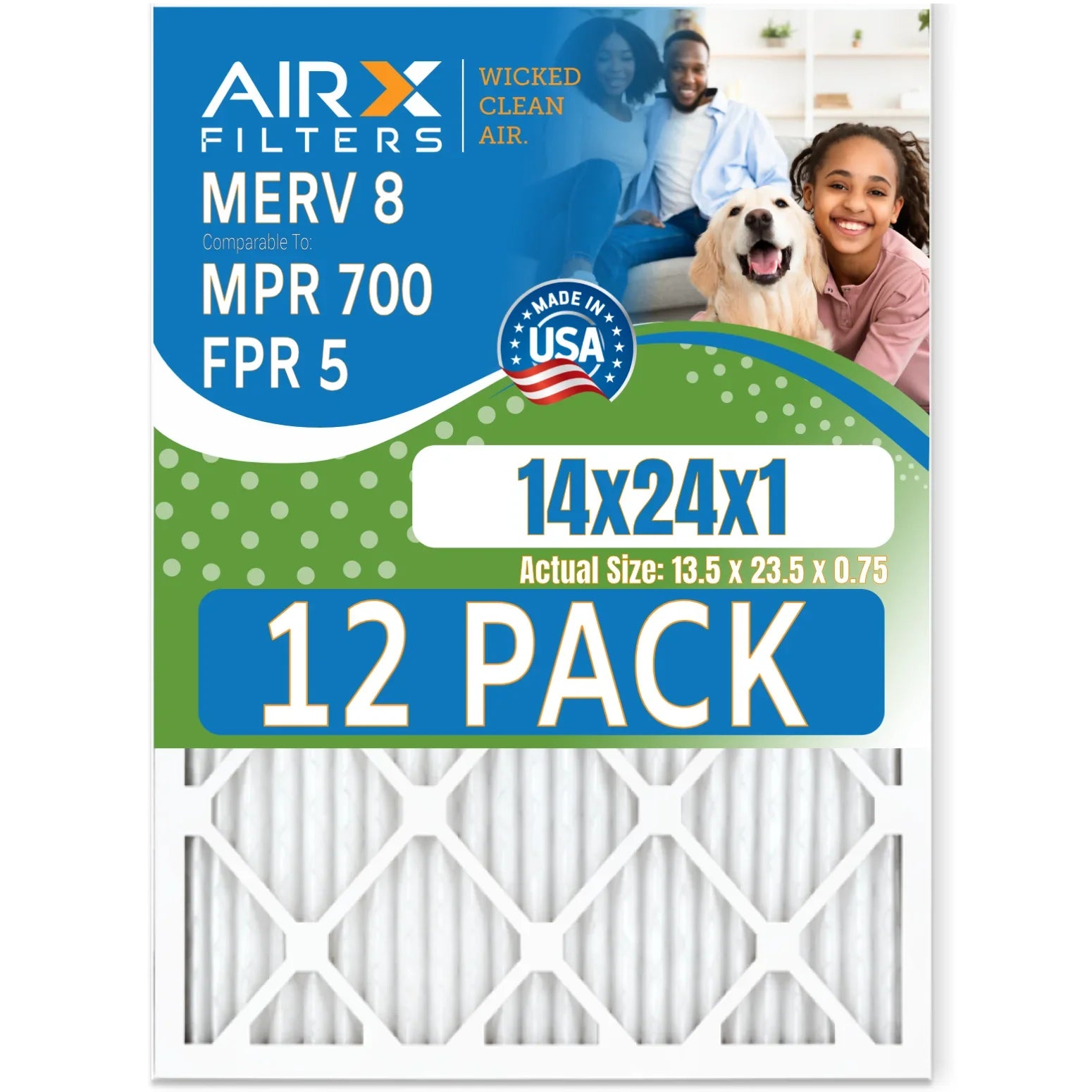 14x24x1 Air Filter MERV 8 Rating, 12 Pack of Furnace Filters Comparable to MPR 700 & FPR 5 - Made in USA by AIRX FILTERS WICKED CLEAN AIR.