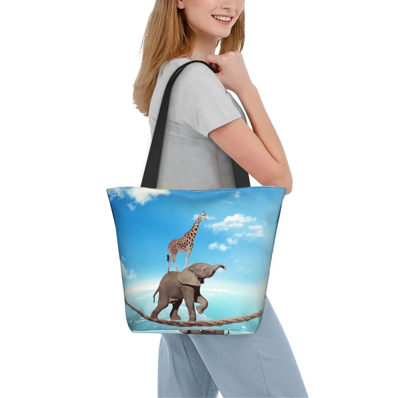 Lukts Elephant Giraffe Overcomes Fear By Walking On High Rope Tote Bag,Shoulder Bag Women'S Hobos Handbags Large Capacity Shopping Bag