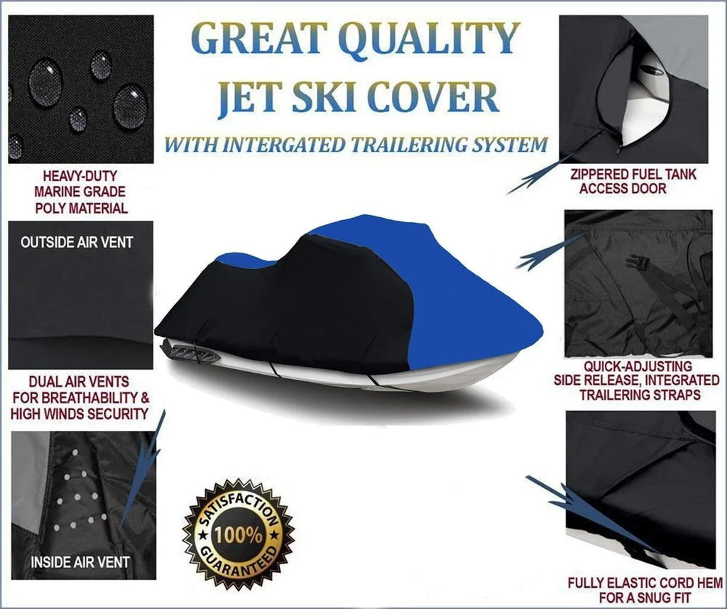 BLACK / BLUE HEAVY-DUTY, 600 DENIER Cover Compatible for Kawasaki Ultra LX 2007 2008 2009 2010 2011 2012 2013 2014 15 2016 2017 2018 2019 2020 2021 2022 Jet Ski PWC Watercraft Cover