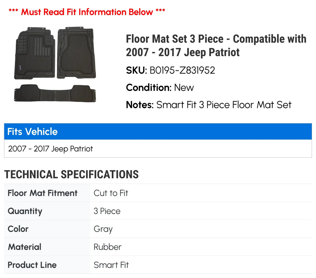 Floor Mat Set 3 Piece - Compatible with 2007 - 2017 Jeep Patriot 2008 2009 2010 2011 2012 2013 2014 2015 2016