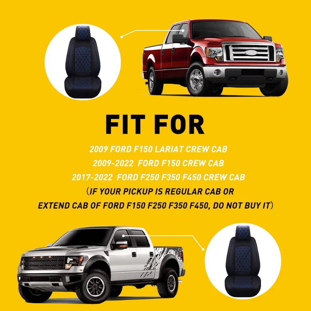 Car Seat Covers Full Set with Waterproof Leather Fit for 2009 to 2023 Ford F150 and 2017 to 2023 F250 F350 F450,Double,Extended Cab or Pickup Truck(Full Set, Black-Blue)