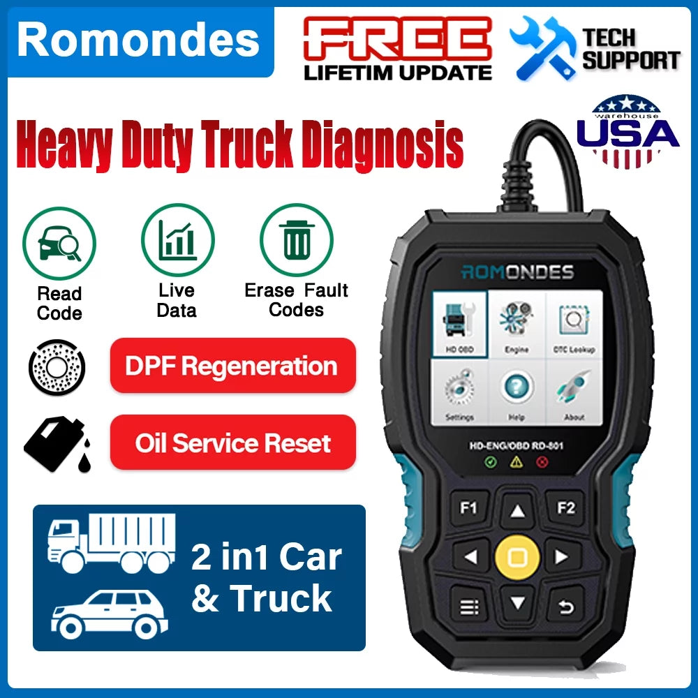 Romondes RD901 Heavy Duty Truck Scanner EOBD OBD2 Scan Tool HD OBD Diesel Scanner All System Diagnostic Tool with DPF Oil Light Reset HD Heavy Duty Truck OBD Car  2 in 1 Code Reader