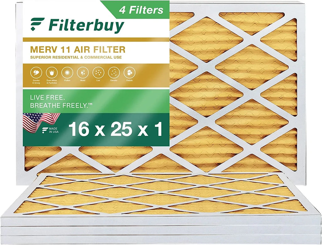 Filterbuy 16x25x1 MERV 11 Pleated HVAC AC Furnace Air Filters (4-Pack)