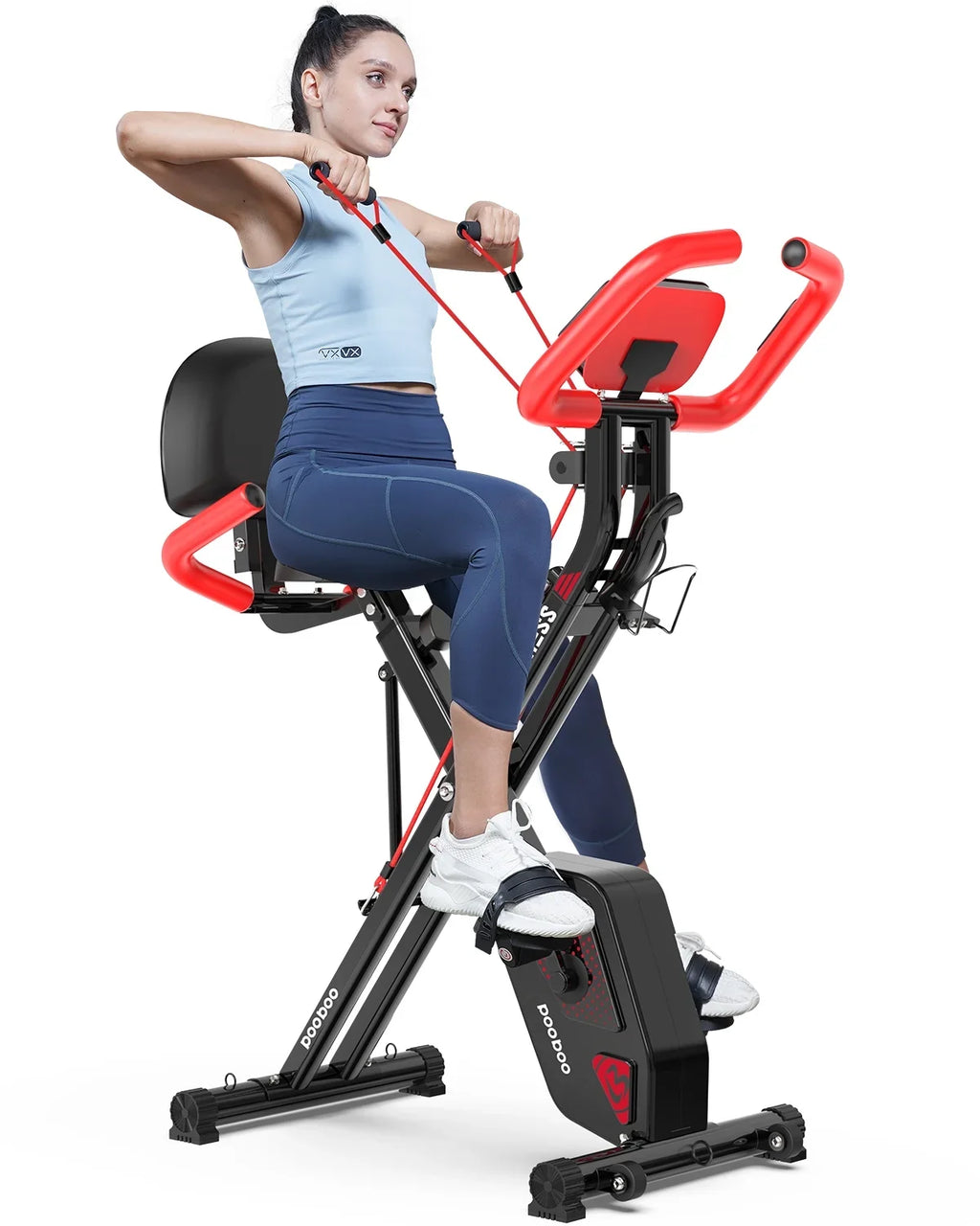 Pooboo 3-in-1 Exercise Bike Quiet Folding Magnetic Stationary Bike Exercise Bikes with Arm Resistance Bands Home Workout Bike 360 lbs