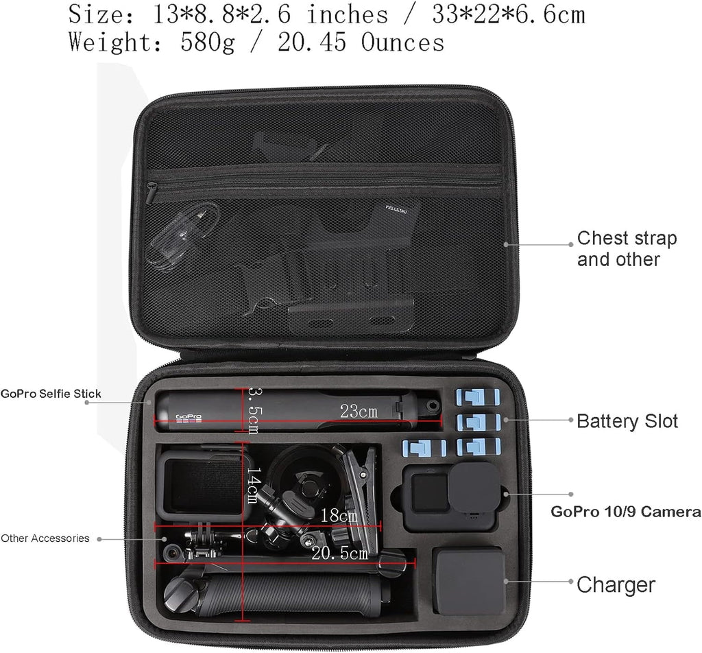 PellKing Large Carrying Surface-Waterproof Case for GoPro 12,11,10,9 Camera,Hard Shell Bag with EVA Liner Compatible
