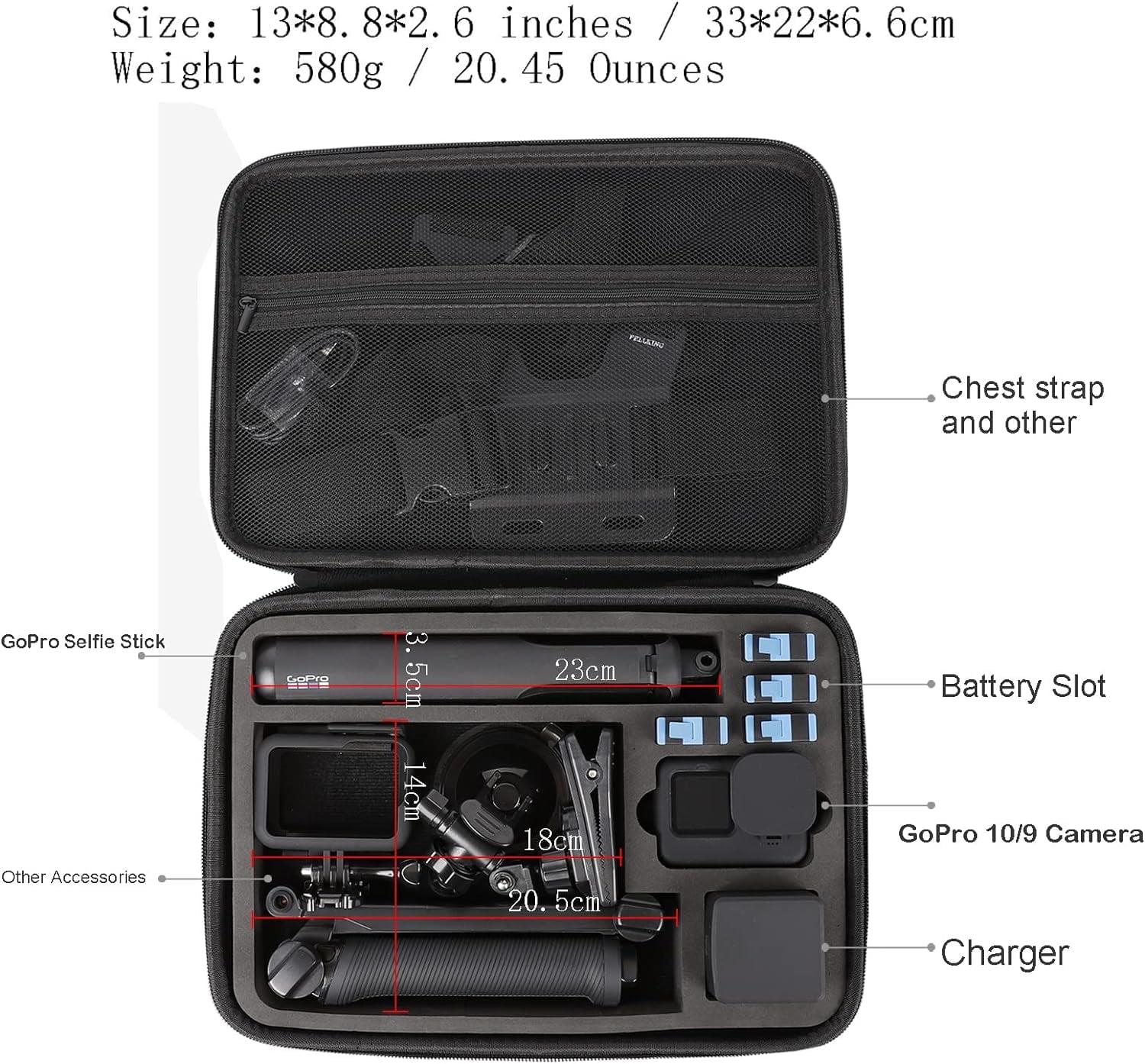 PellKing Large Carrying Surface-Waterproof Case for GoPro 12,11,10,9 Camera,Hard Shell Bag with EVA Liner Compatible