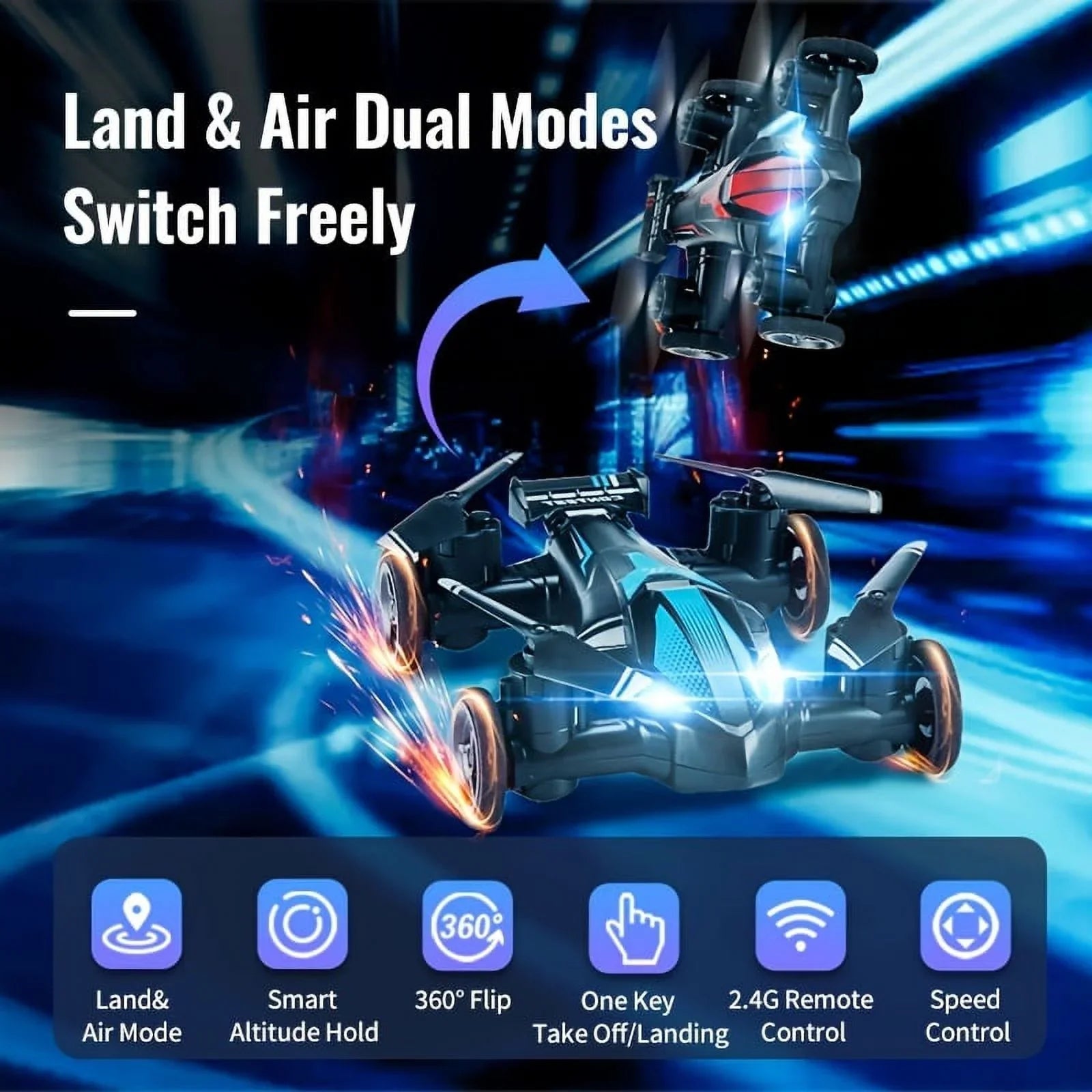 Drone For Land And Air Dual-use RC Toy Car Four-axis Unmanned Drone High-speed And Low-speed Switch Intelligent Height Setting, Stable Flight, Gift Toys