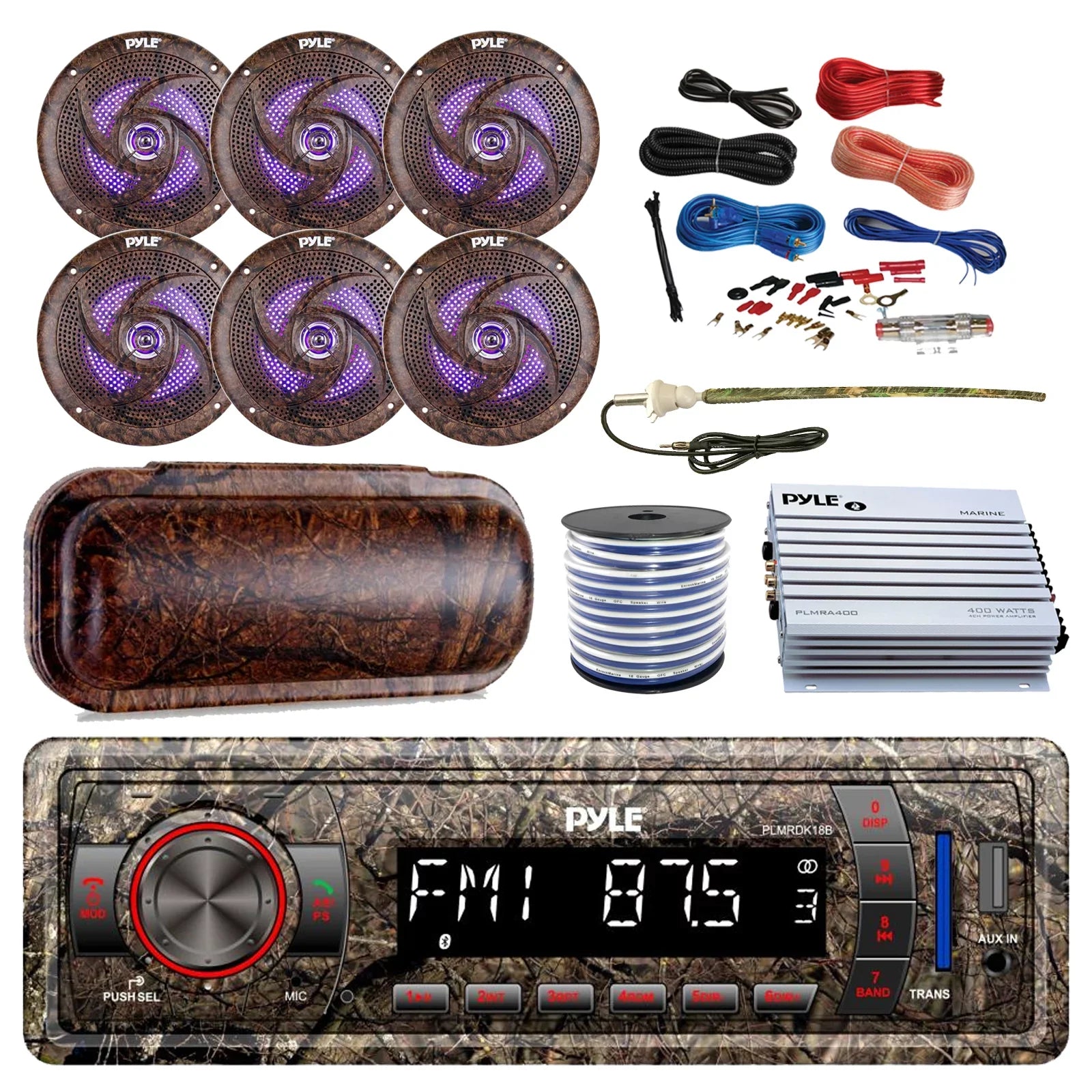 Pyle Marine DIN Bluetooth MP3 USB AUX Camo AM/FM Radio, 6x 6.5" Waterproof Camouflage LED Speakers, Elite Series 4-Channel Amplifier, Stereo Cover, Enrock Antenna, 18-G 50 Ft Wire, Amp Install Kit