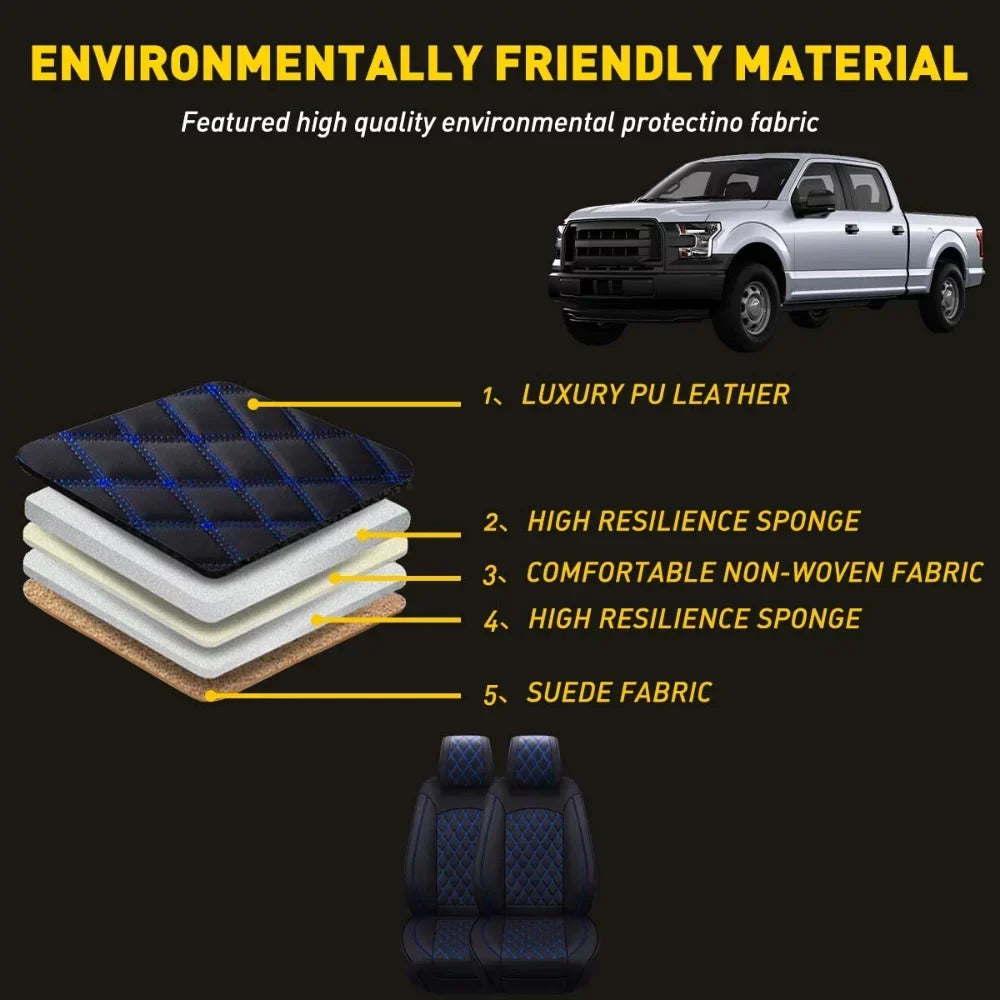 Car Seat Covers Full Set with Waterproof Leather Fit for 2009 to 2023 Ford F150 and 2017 to 2023 F250 F350 F450,Double,Extended Cab or Pickup Truck(Full Set, Black-Blue)