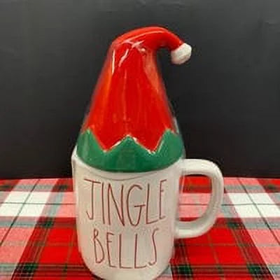 Rae Dunn JINGLE BELLS Ceramic Mug in Ivory with Red LL Letter and Red Green Cap Topper Christmas