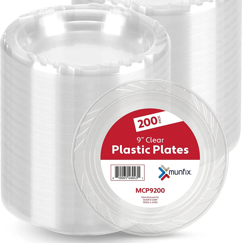 9 Inch Clear Plastic PLatitudees 200 Bulk Pack - Disposable PLatitudees for BBQ Party Dinner Travel and Events, Microwavable Recyclable