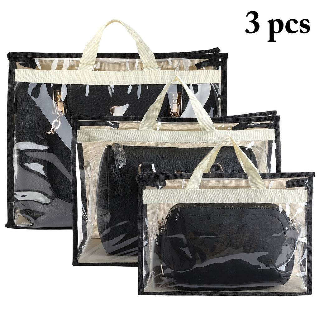 3 Pcs Dust Bags for Handbags, Clear Handbag Storage, Purse Storage Organizer for Closet, Purse Cover Hanging Closet Organizer with Zipper and Handles