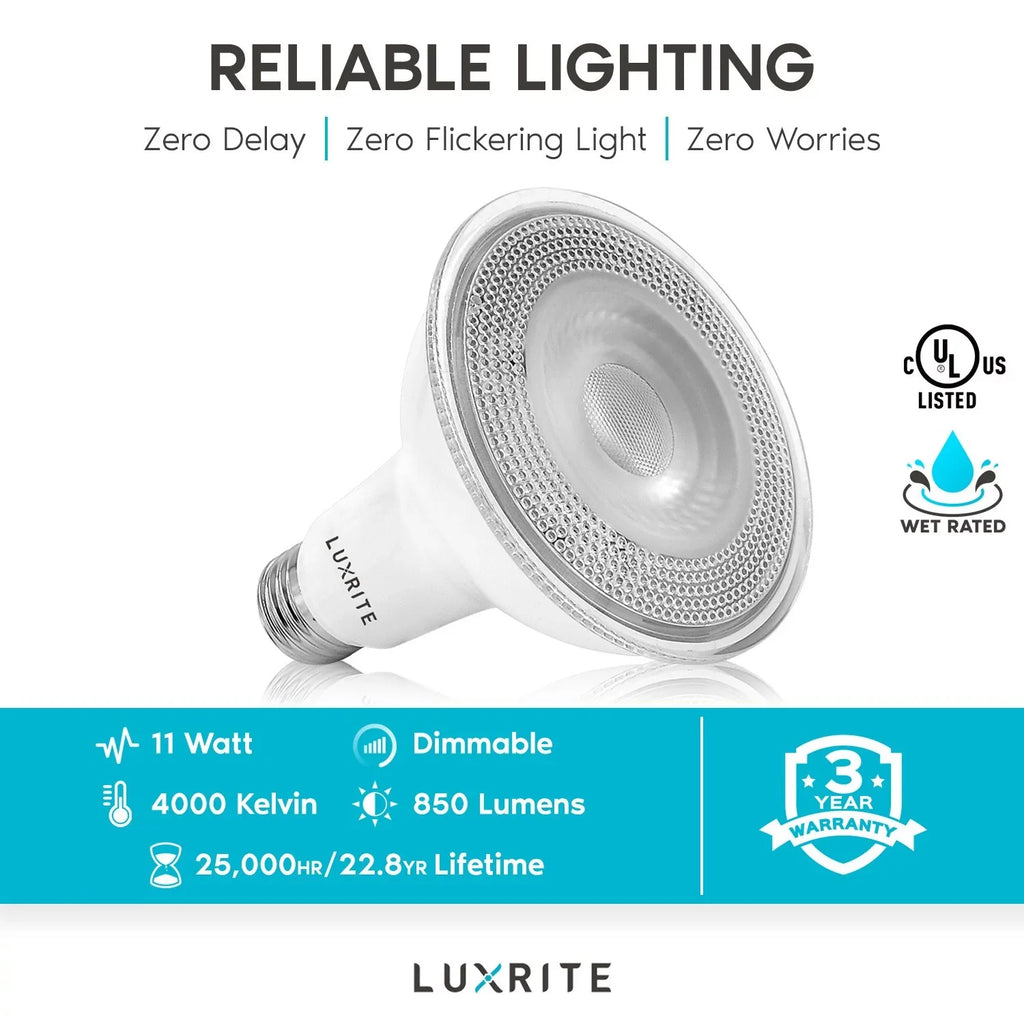 Luxrite 6-Pack LED PAR30 Flood Light Bulb 4000K Cool White 850 Lumens 11W Dimmable Wet Rated E26 Base UL Listed