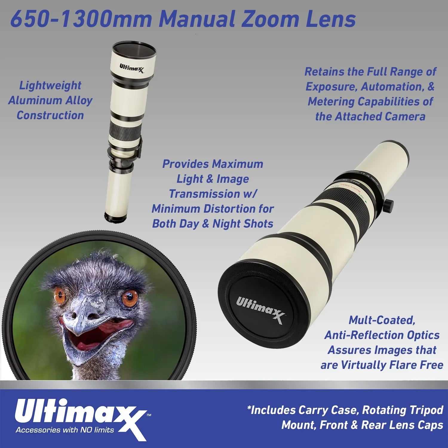 Ultimaxx 650 to 1300mm (with 2X- 1300-2600mm) f/8 Manual Telephoto Lens for  F-Mount Cameras & More