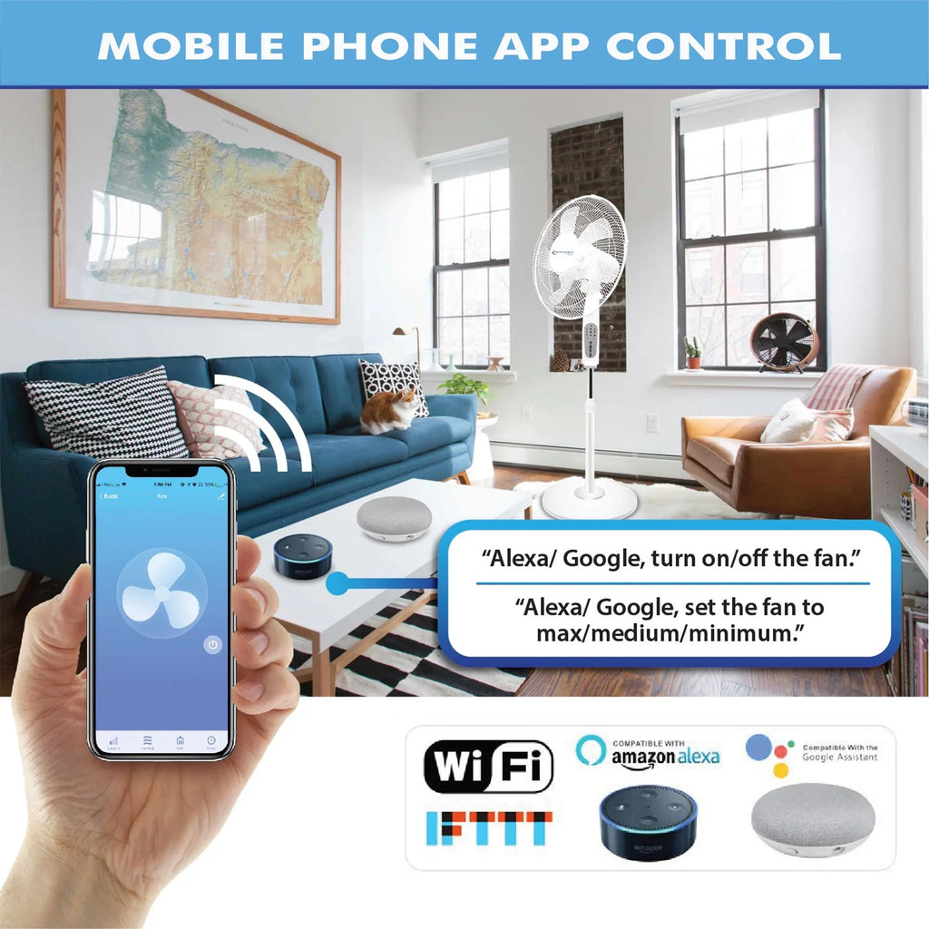 Technical Pro WIFI Enabled 16" Standing Fan with OscilLatitudeing Feature, Compatibe with Amazon Alexa/Google Home Voice
