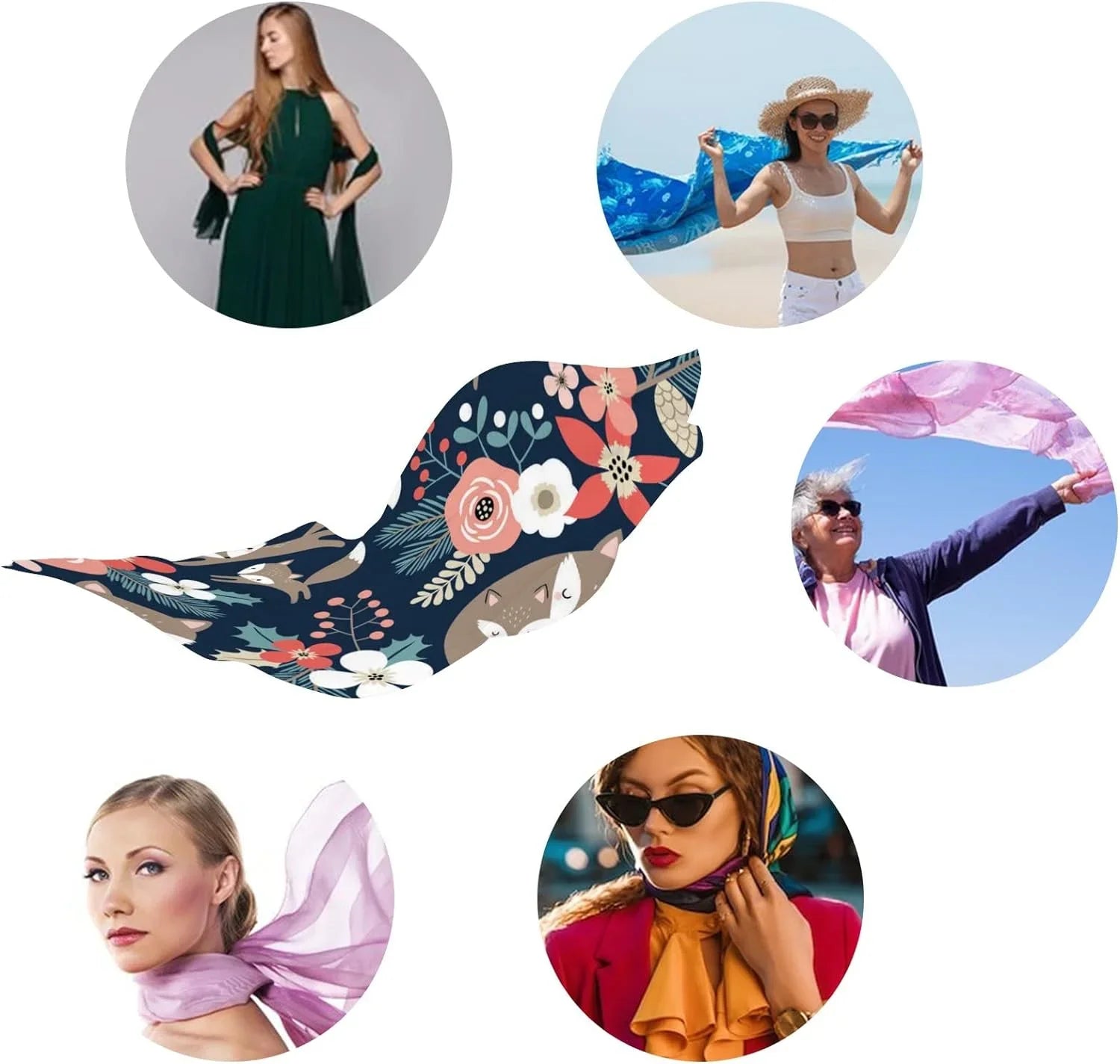 Hyjoy Cute Foxes and Flowers on Dark Blue Long Silk Neck Scarf Lightweight Shawl Wrap Scarves for Women Girls