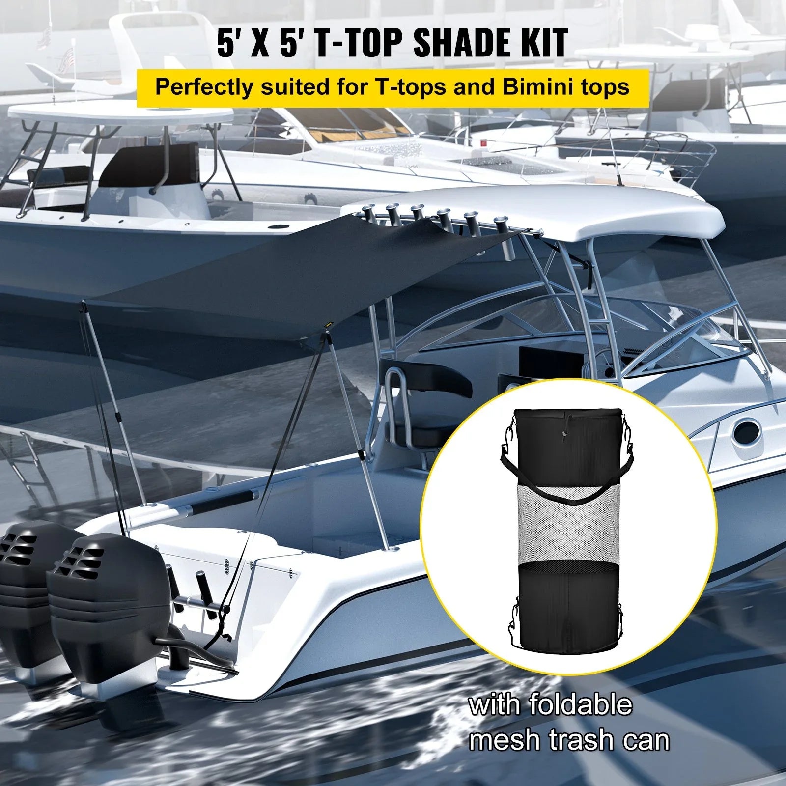 VEVOR 5'x5' UV-Proof T-Top Sun Shade Kit - 600D Polyester with Rustproof Telescopic Steel Poles, Waterproof, Easy Assembly for T-Tops & Bimini Tops