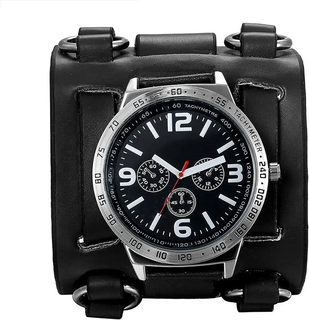 Mens Steampunk Retro Genuine Leather Replaceable Watch Military Japan Quartz Hip-hop Gothic Wide Bracelet Cuff Big Black Dial Sport Wrist Watches Costume Watch for Halloween