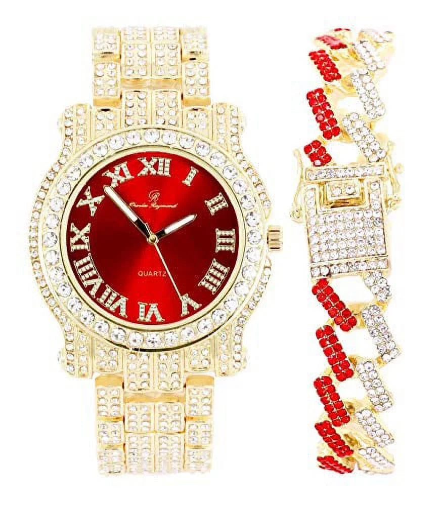 Bling-ed Out Gold Round Luxury Mens Watch w/Bling-ed Out ZZ Link Design Bracelet - L0504RNB ZZ Gold Blood Red