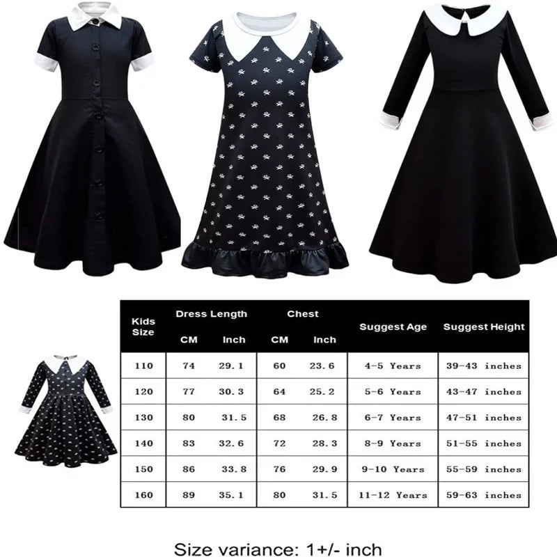 Hkiytime Dress 2022 TV Series Kids Girls Wednesday Addams Dress Long Sleeve Skirt Halloween Cosplay Outfit Clothes with Wig