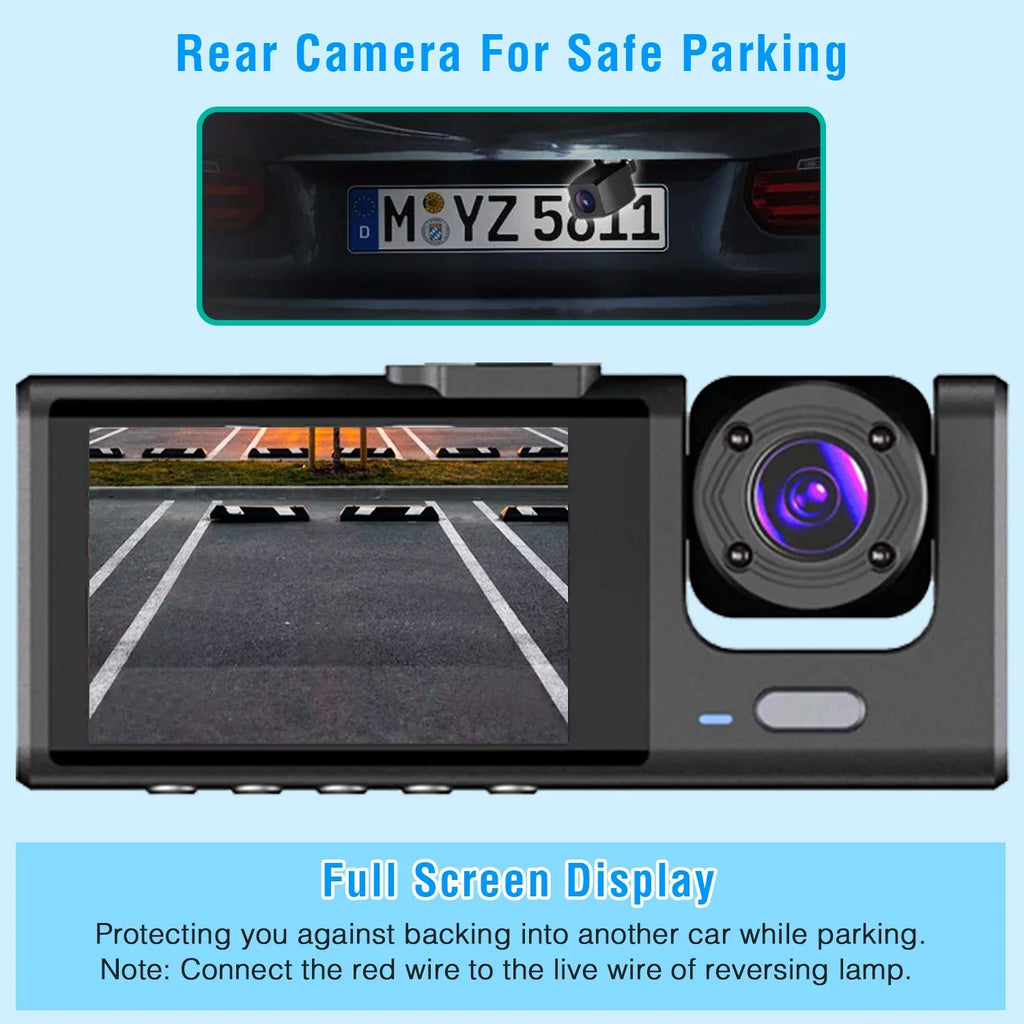 iMountek Dash Cam Front Rear and Inside 1080P Three Channels with IR Night Vision Car Camera, Monitor Driving Vehicle Recorder