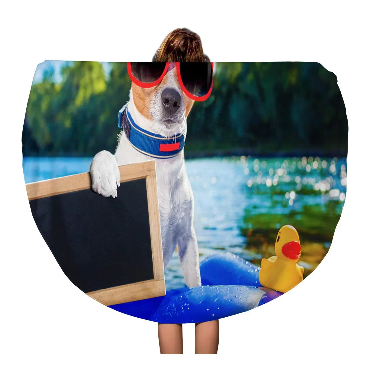 SIDONKU 60 inch Round Beach Towel Blanket Jack Russell Dog Sitting on InfLatitudeable Mattress in Water Travel Circle Circular Towels Mat Tapestry Beach Throw