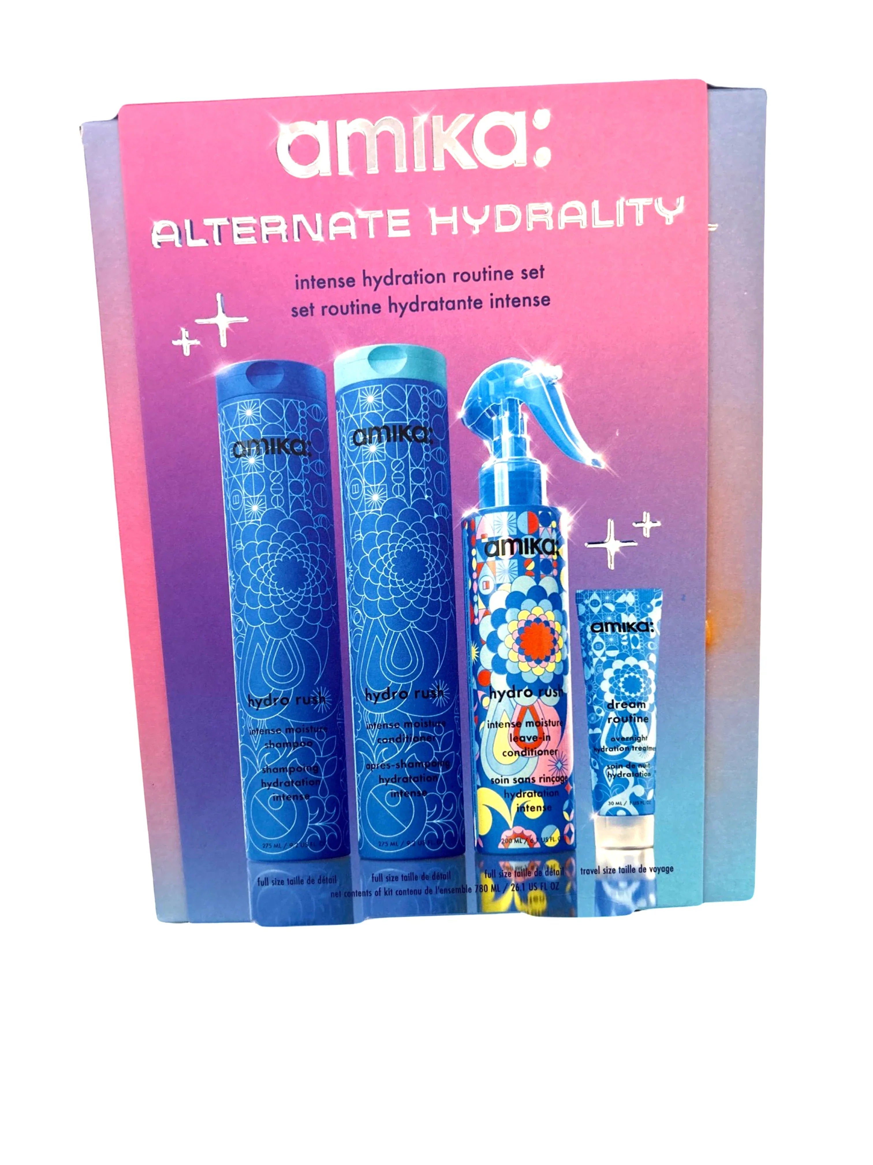 Amika Alternate Hydrality Kit: Hydro Rush Shampoo 9.2oz Hydro Rush Conditioner 9.2oz Hydro Rush Leave In Conditioner 6.7oz Dream Routine Overnight Treatment 1oz