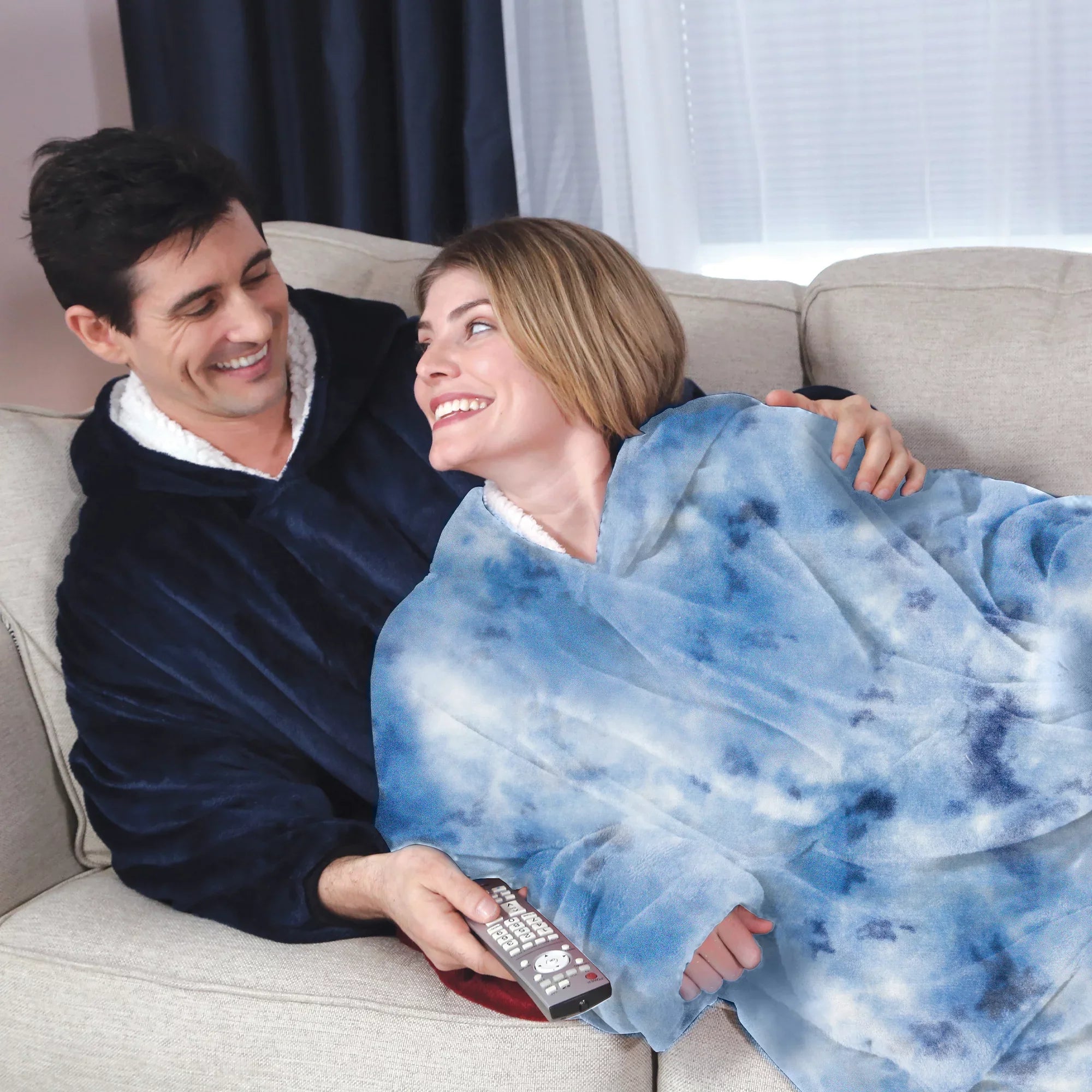 Huggle Hoodie, Fleece & Sherpa Wearable Blanket Hoodie, Blue Tie Dye