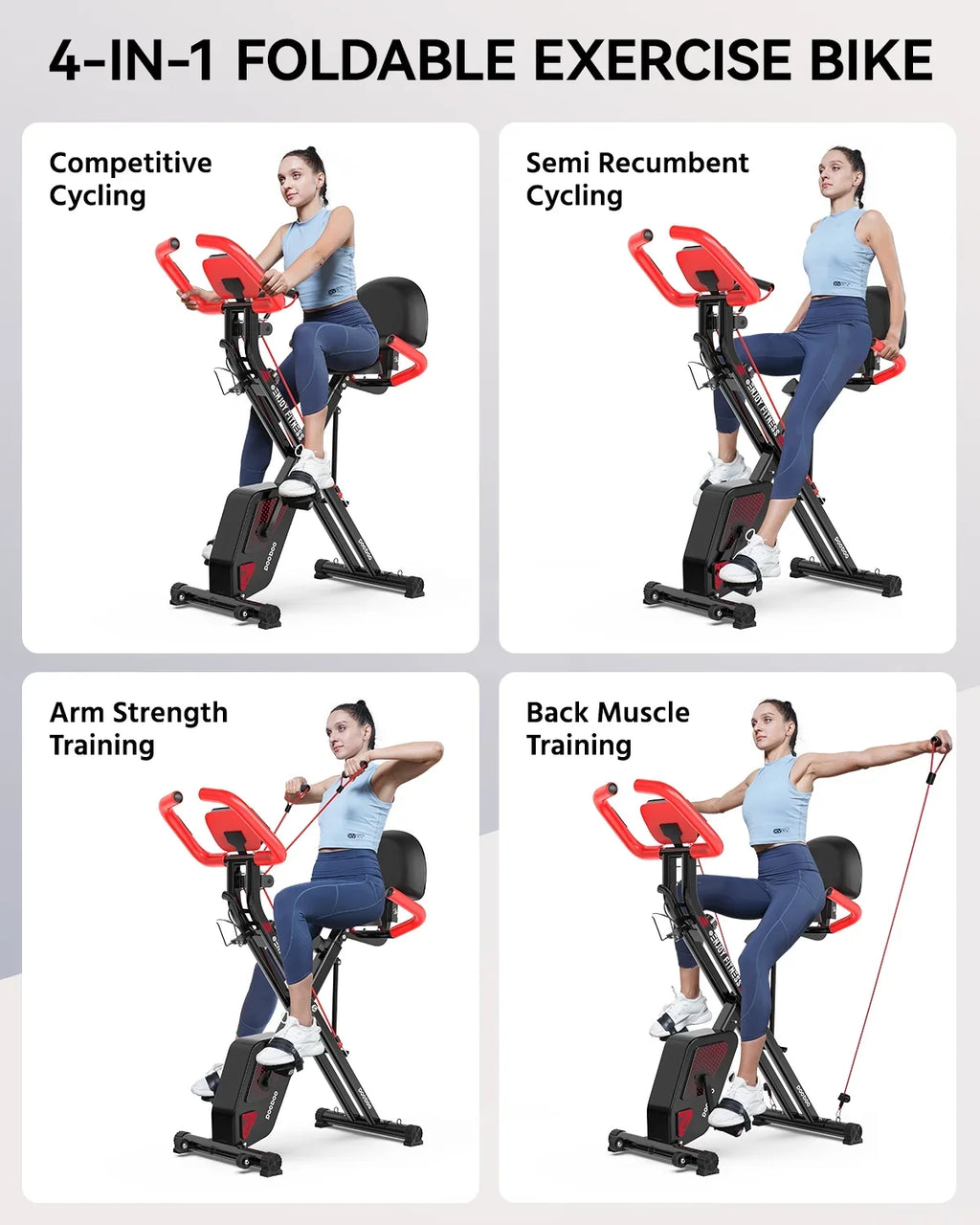 Pooboo 3-in-1 Exercise Bike Quiet Folding Magnetic Stationary Bike Exercise Bikes with Arm Resistance Bands Home Workout Bike 360 lbs