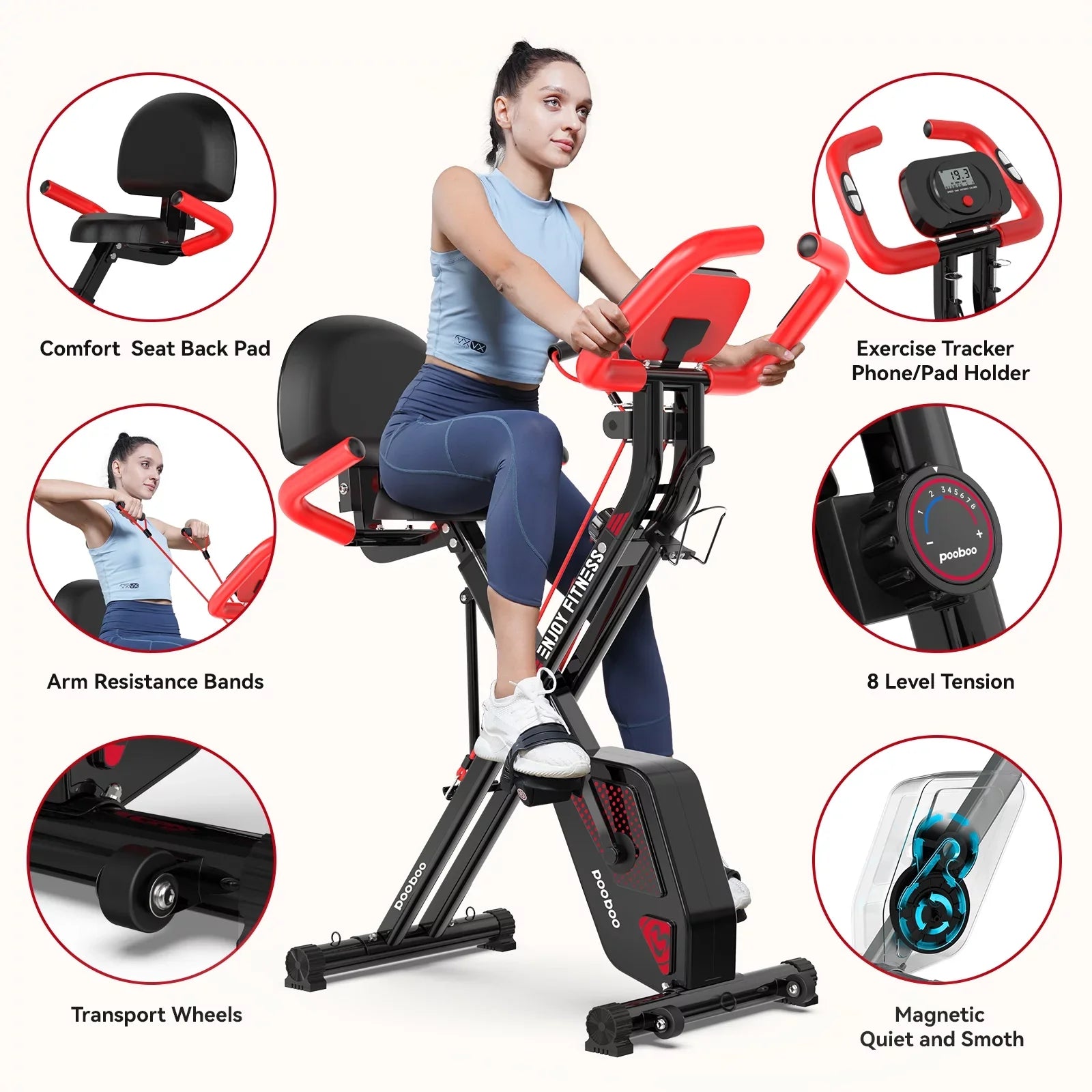 Pooboo 3-in-1 Exercise Bike Quiet Folding Magnetic Stationary Bike Exercise Bikes with Arm Resistance Bands Home Workout Bike 360 lbs