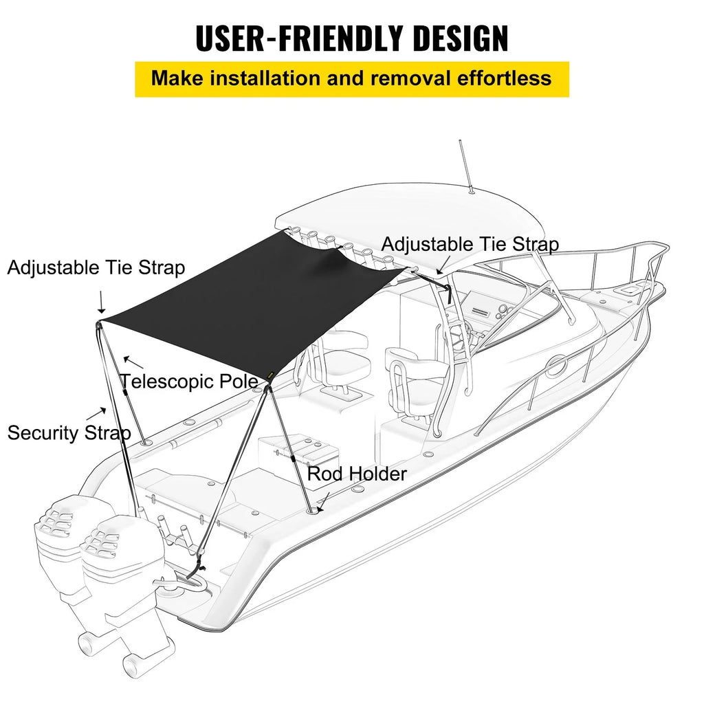 VEVOR 5'x5' UV-Proof T-Top Sun Shade Kit - 600D Polyester with Rustproof Telescopic Steel Poles, Waterproof, Easy Assembly for T-Tops & Bimini Tops
