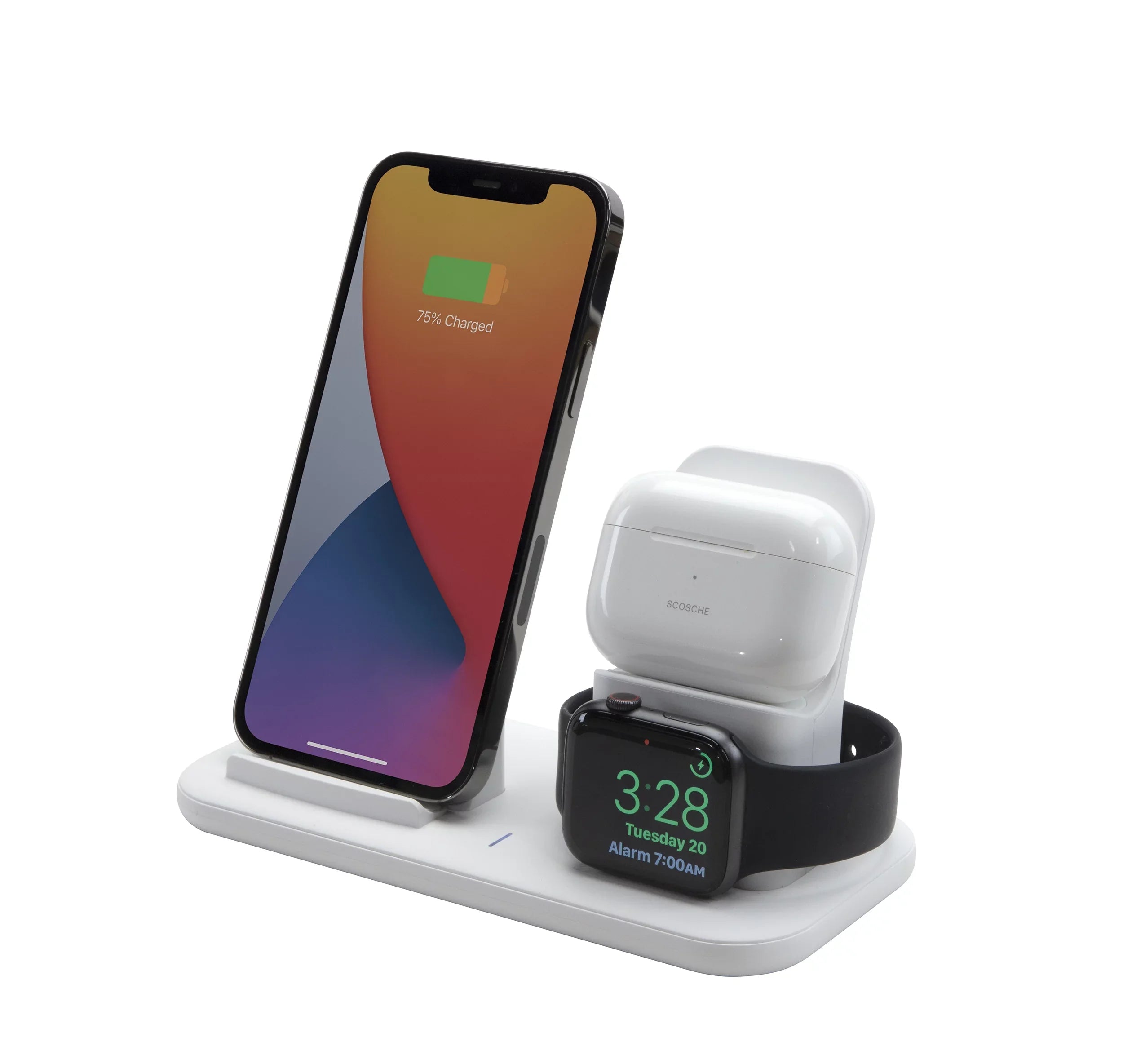 Scosche CSQ3N1WT-SP Qi-Enabled Smartphones, Watches and Earbuds, Qi-Certified Wireless Charging Dock, White