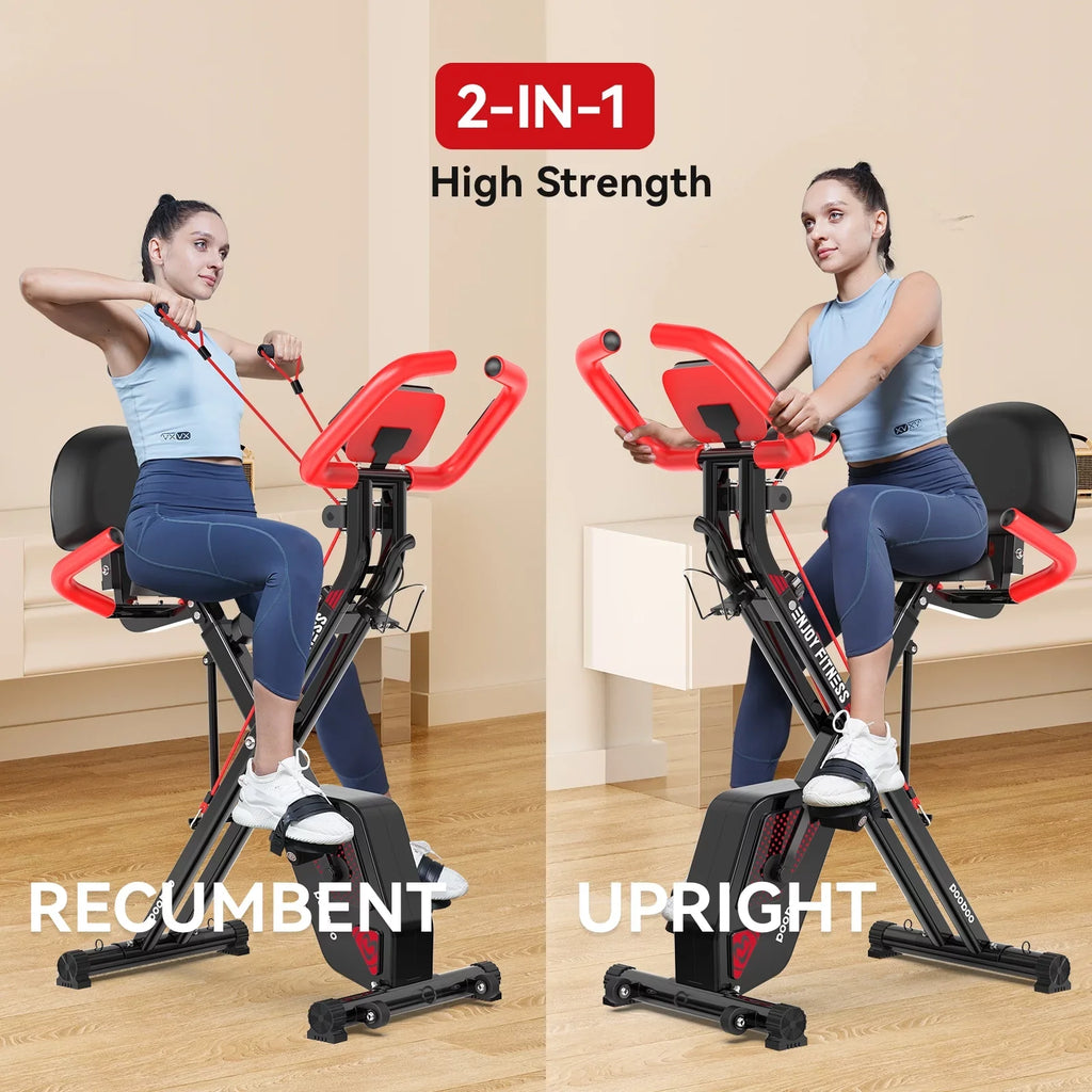 Pooboo 3-in-1 Exercise Bike Quiet Folding Magnetic Stationary Bike Exercise Bikes with Arm Resistance Bands Home Workout Bike 360 lbs
