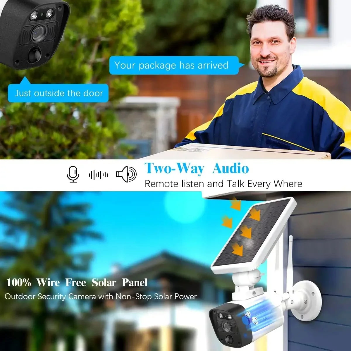 {100% Wire-Free Solar Powered} 2pcs camera system, 2-Way Audio with Dual Antennas, 2K 3.0MP Solar Powered Wireless Camera with Rechargeable Batteries